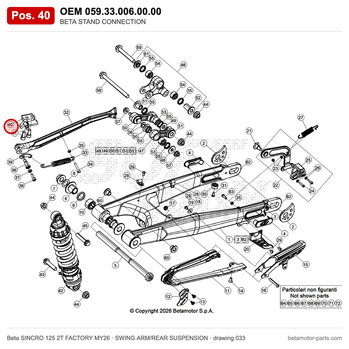BETA STAND CONNECTION – OEM 059.33.006.00.00, position 40 on the Beta SINCRO 125 2T FACTORY MY26 swing arm/rear suspension drawing