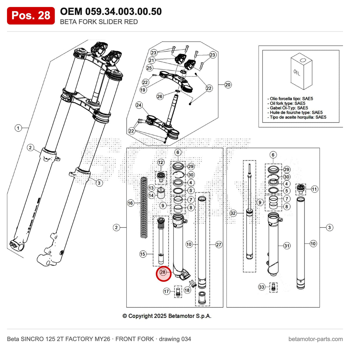 BETA FORK SLIDER RED – OEM 059.34.003.00.50, position 28 on the Beta SINCRO 125 2T FACTORY MY26 front fork drawing