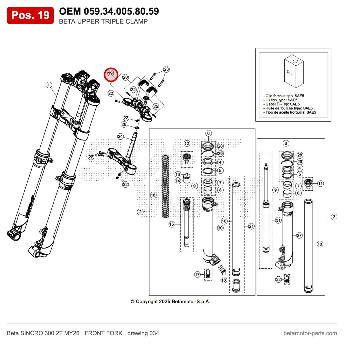 BETA UPPER TRIPLE CLAMP – OEM 059.34.005.80.59, position 19 on the Beta SINCRO 300 2T MY26 front fork drawing