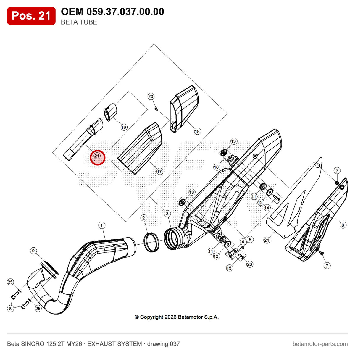 BETA TUBE – OEM 059.37.037.00.00, position 21 on the Beta SINCRO 125 2T MY26 exhaust system drawing