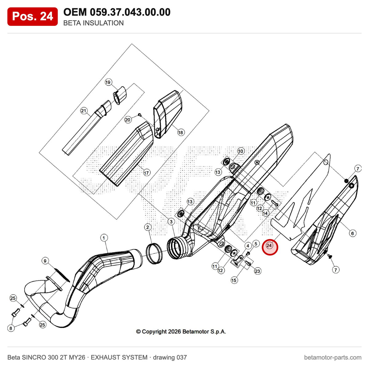 BETA INSULATION – OEM 059.37.043.00.00, position 24 on the Beta SINCRO 300 2T MY26 exhaust system drawing