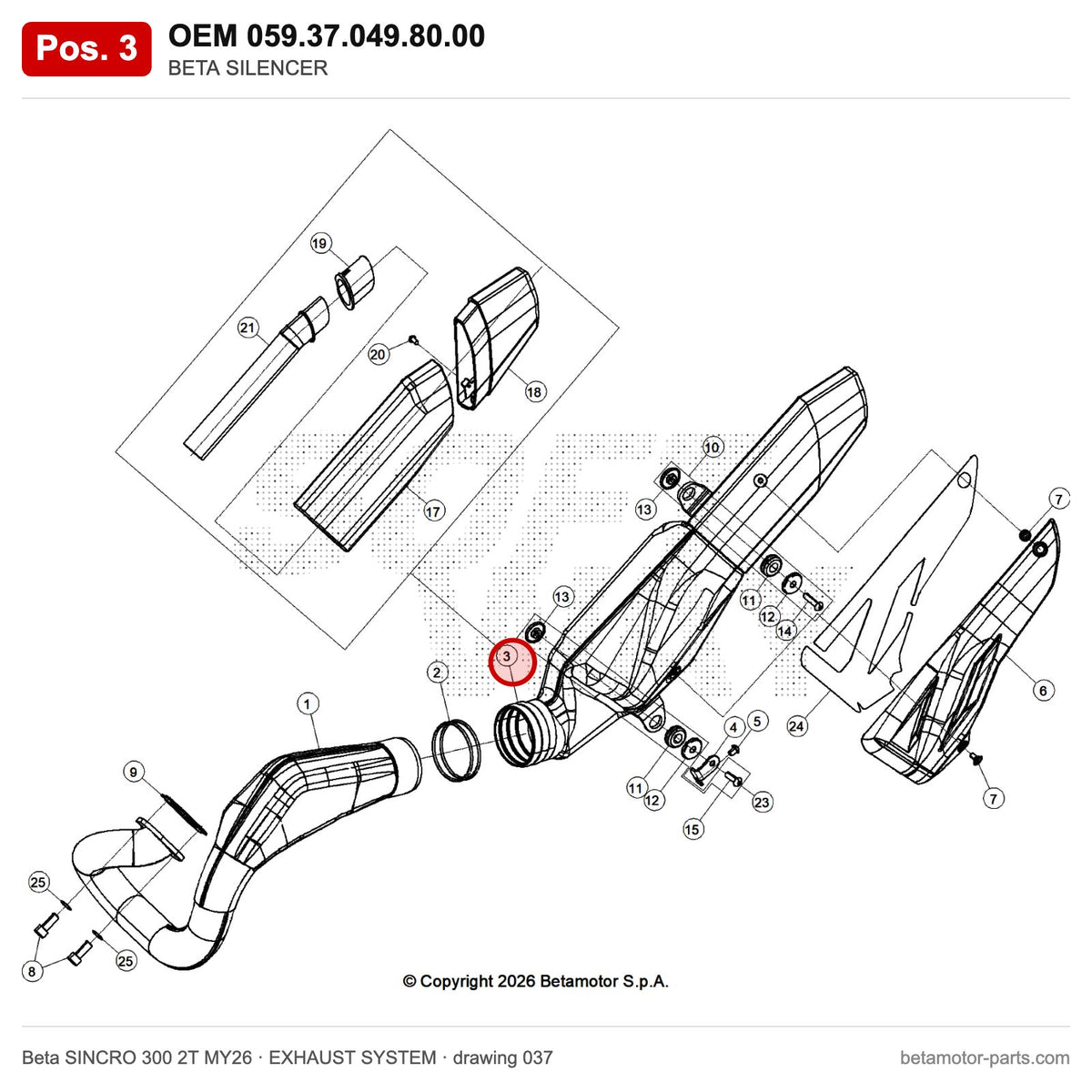 BETA SILENCER – OEM 059.37.049.80.00, position 3 on the Beta SINCRO 300 2T MY26 exhaust system drawing