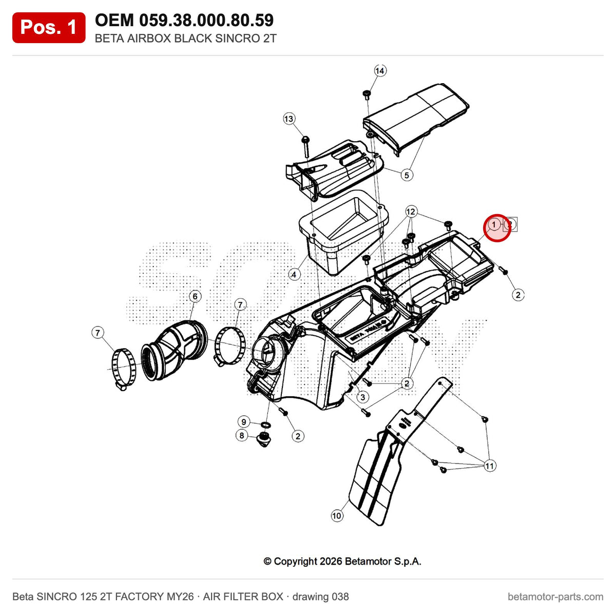 BETA AIRBOX BLACK SINCRO 2T – OEM 059.38.000.80.59, position 1 on the Beta SINCRO 125 2T FACTORY MY26 air filter box drawing