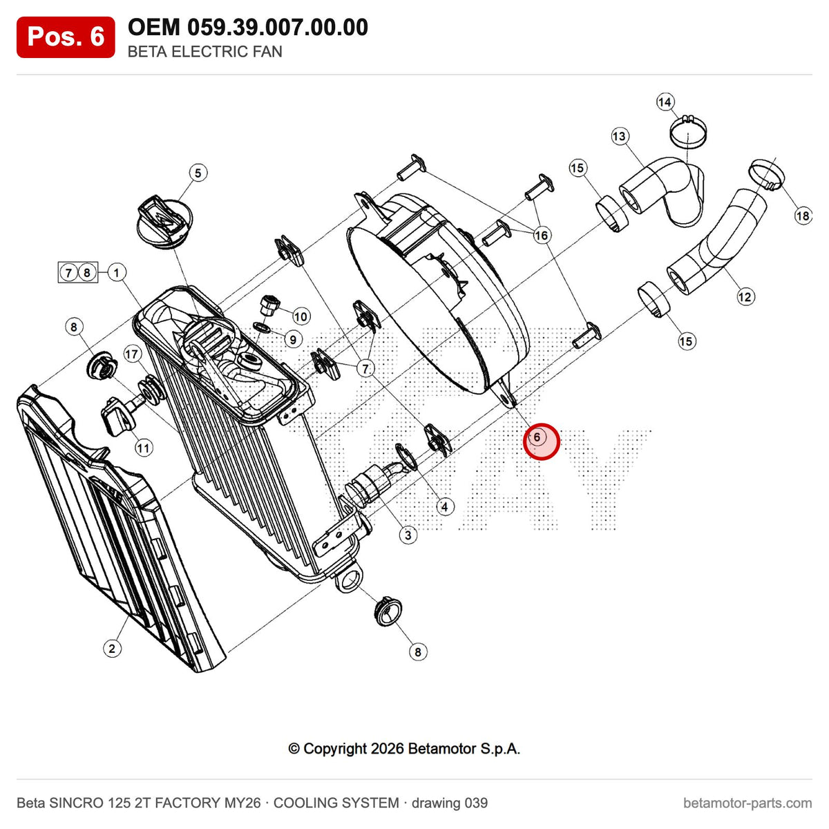 BETA ELECTRIC FAN – OEM 059.39.007.00.00, position 6 on the Beta SINCRO 125 2T FACTORY MY26 cooling system drawing