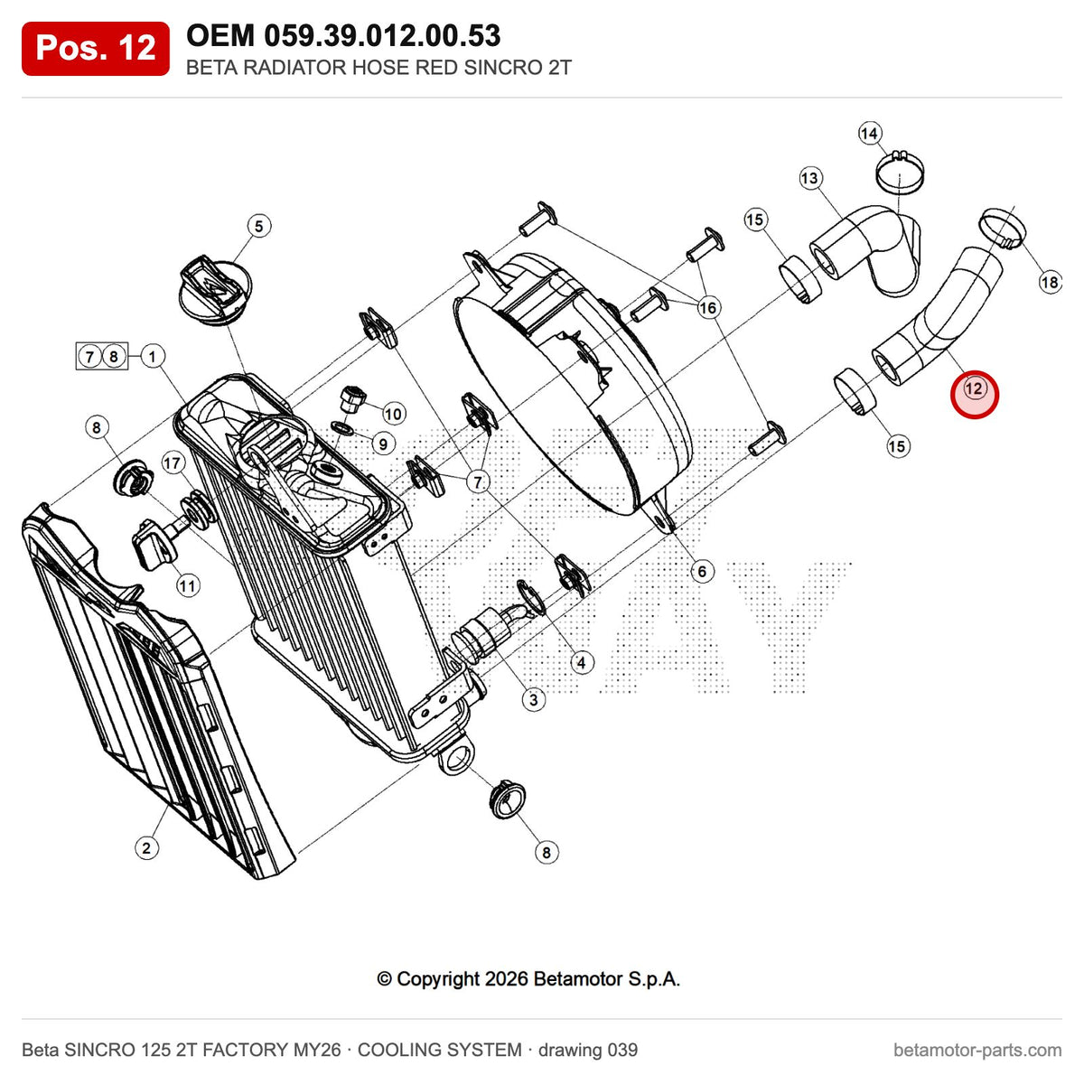 BETA RADIATOR HOSE RED SINCRO 2T – OEM 059.39.012.00.53, position 12 on the Beta SINCRO 125 2T FACTORY MY26 cooling system drawing