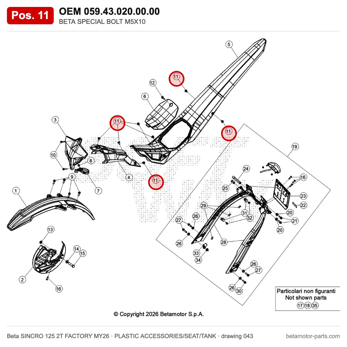 BETA SPECIAL BOLT M5X10 – OEM 059.43.020.00.00, position 11 on the Beta SINCRO 125 2T FACTORY MY26 plastic accessories/seat/tank drawing