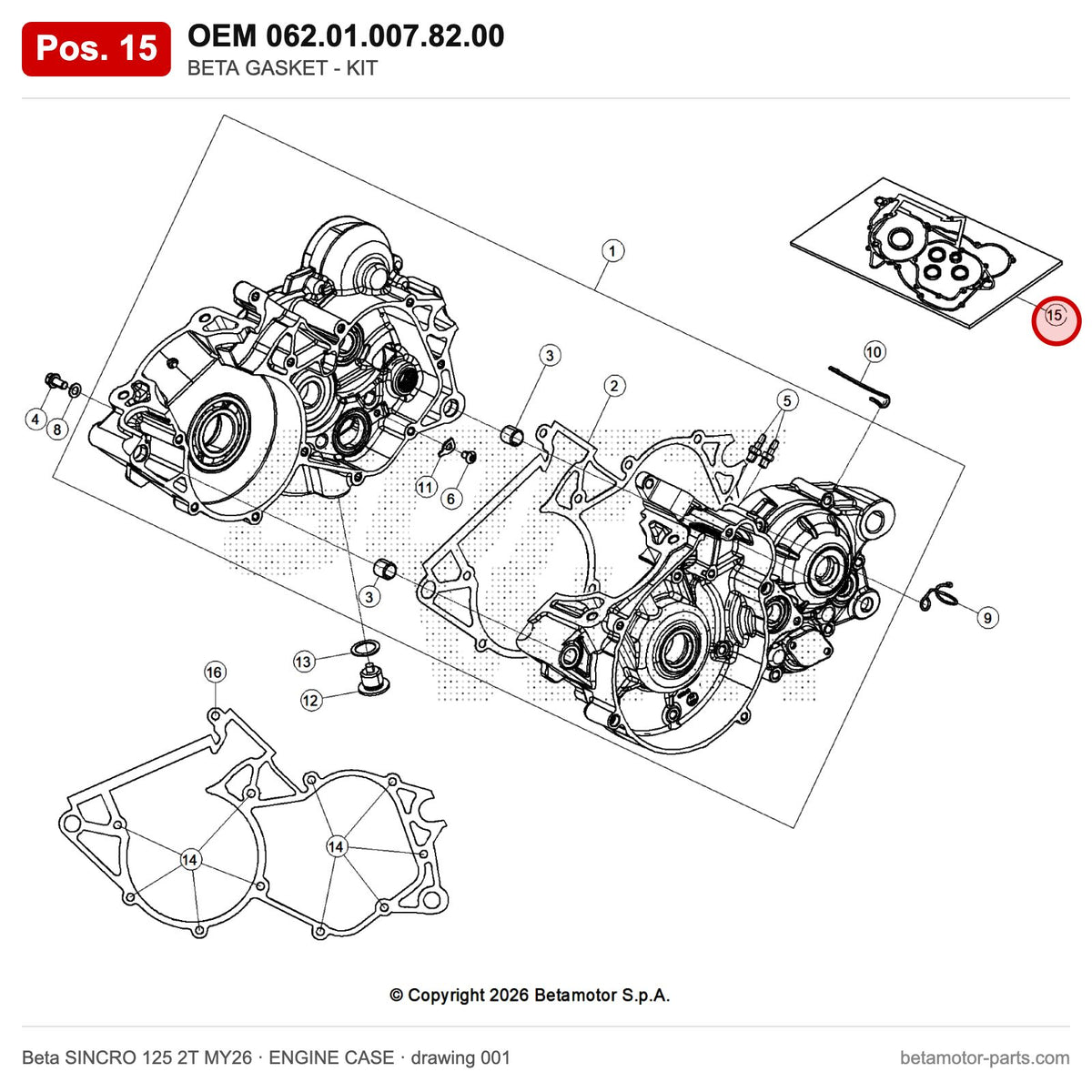 BETA GASKET - KIT – OEM 062.01.007.82.00, position 15 on the Beta SINCRO 125 2T MY26 engine case drawing