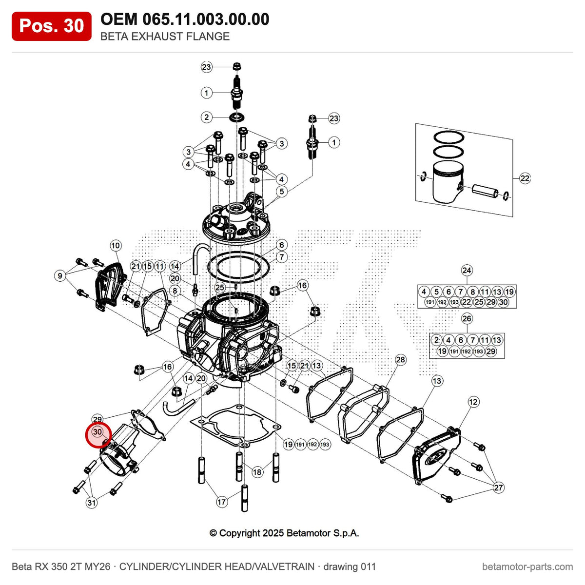 BETA EXHAUST FLANGE – OEM 065.11.003.00.00, position 30 on the Beta RX 350 2T MY26 cylinder/cylinder head/valvetrain drawing