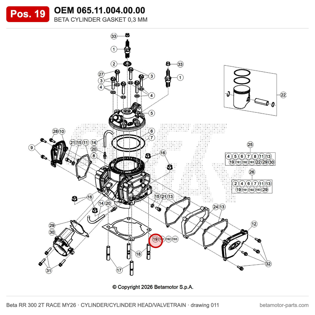 BETA CYLINDER GASKET 0,3 MM – OEM 065.11.004.00.00, position 19 on the Beta RR 300 2T RACE MY26 cylinder/cylinder head/valvetrain drawing
