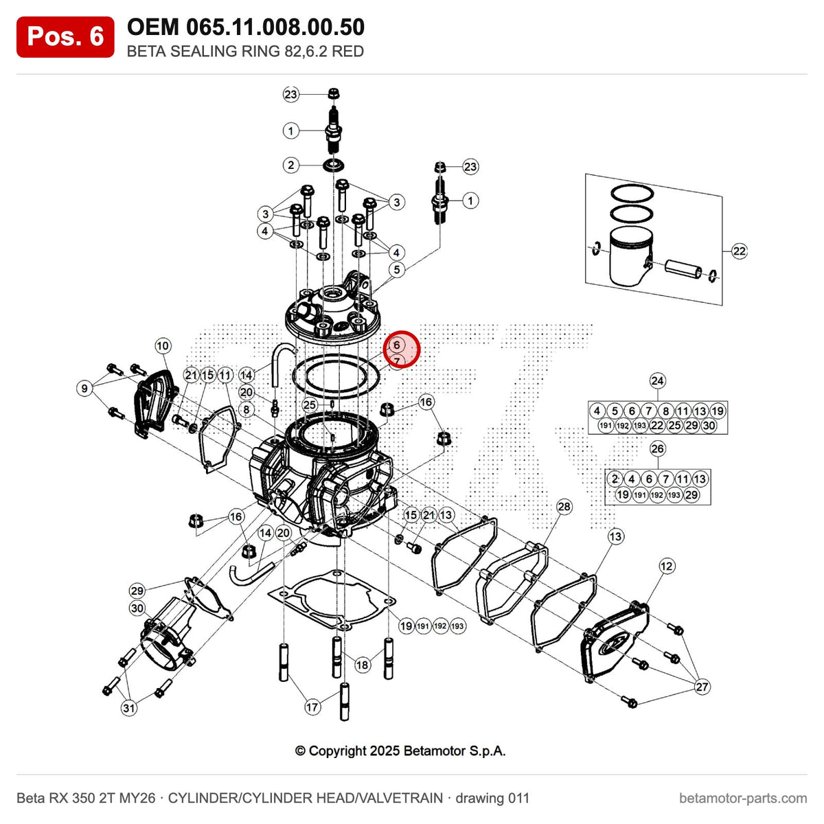 BETA SEALING RING 82,6.2 RED – OEM 065.11.008.00.50, position 6 on the Beta RX 350 2T MY26 cylinder/cylinder head/valvetrain drawing