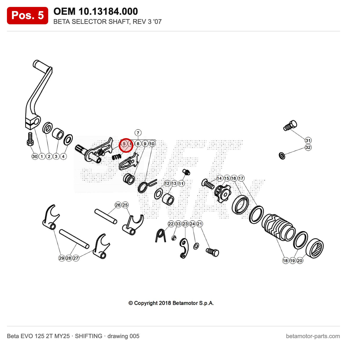 BETA SELECTOR SHAFT, REV 3 '07 – OEM 10.13184.000, position 5 on the Beta EVO 125 2T MY25 shifting drawing