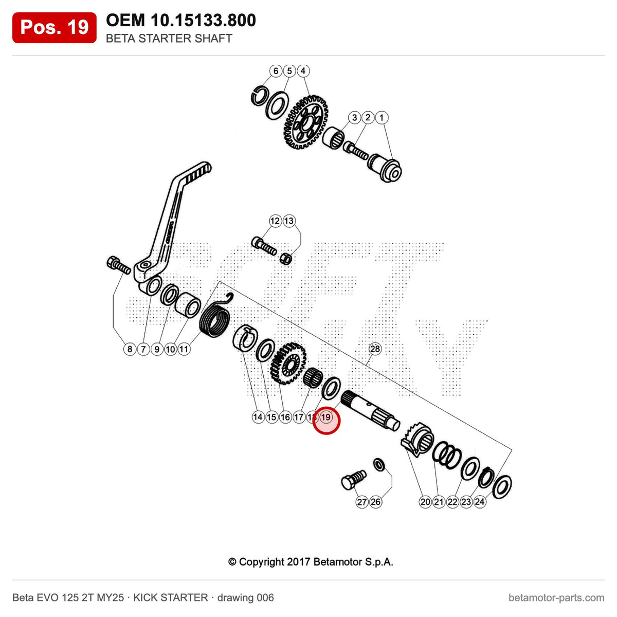 BETA STARTER SHAFT – OEM 10.15133.800, position 19 on the Beta EVO 125 2T MY25 kick starter drawing