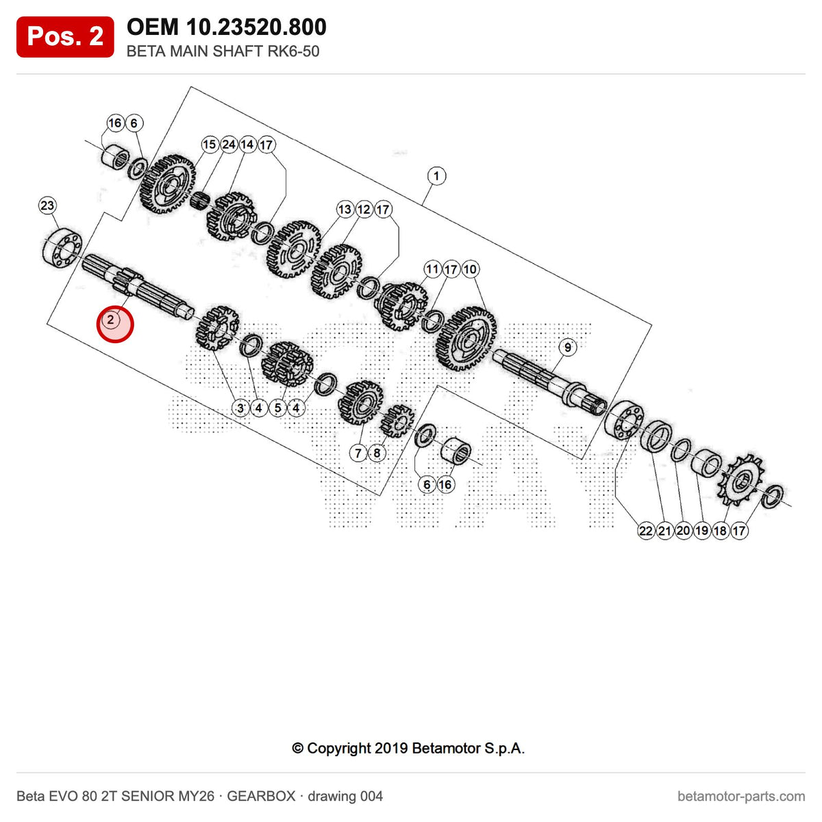 BETA MAIN SHAFT RK6-50 – OEM 10.23520.800, position 2 on the Beta EVO 80 2T SENIOR MY26 gearbox drawing