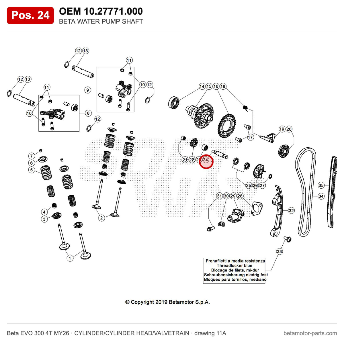 BETA WATER PUMP SHAFT – OEM 10.27771.000, position 24 on the Beta EVO 300 4T MY26 cylinder/cylinder head/valvetrain drawing