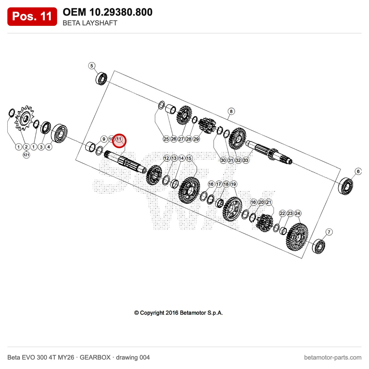 BETA LAYSHAFT – OEM 10.29380.800, position 11 on the Beta EVO 300 4T MY26 gearbox drawing