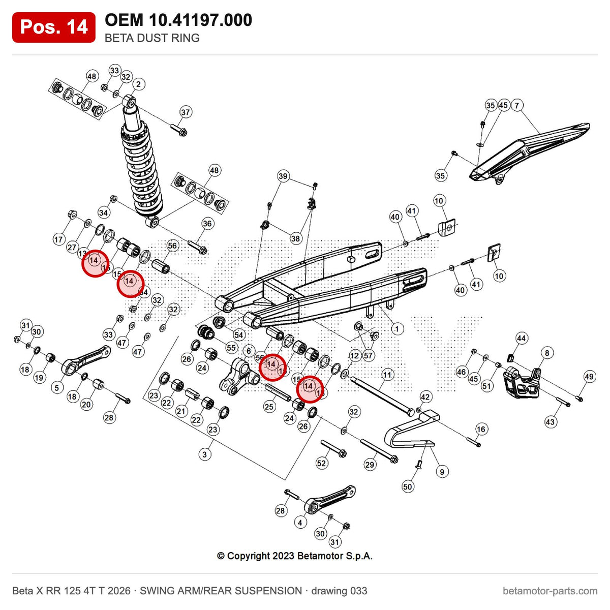 BETA DUST RING – OEM 10.41197.000, position 14 on the Beta X RR 125 4T T 2026 swing arm/rear suspension drawing