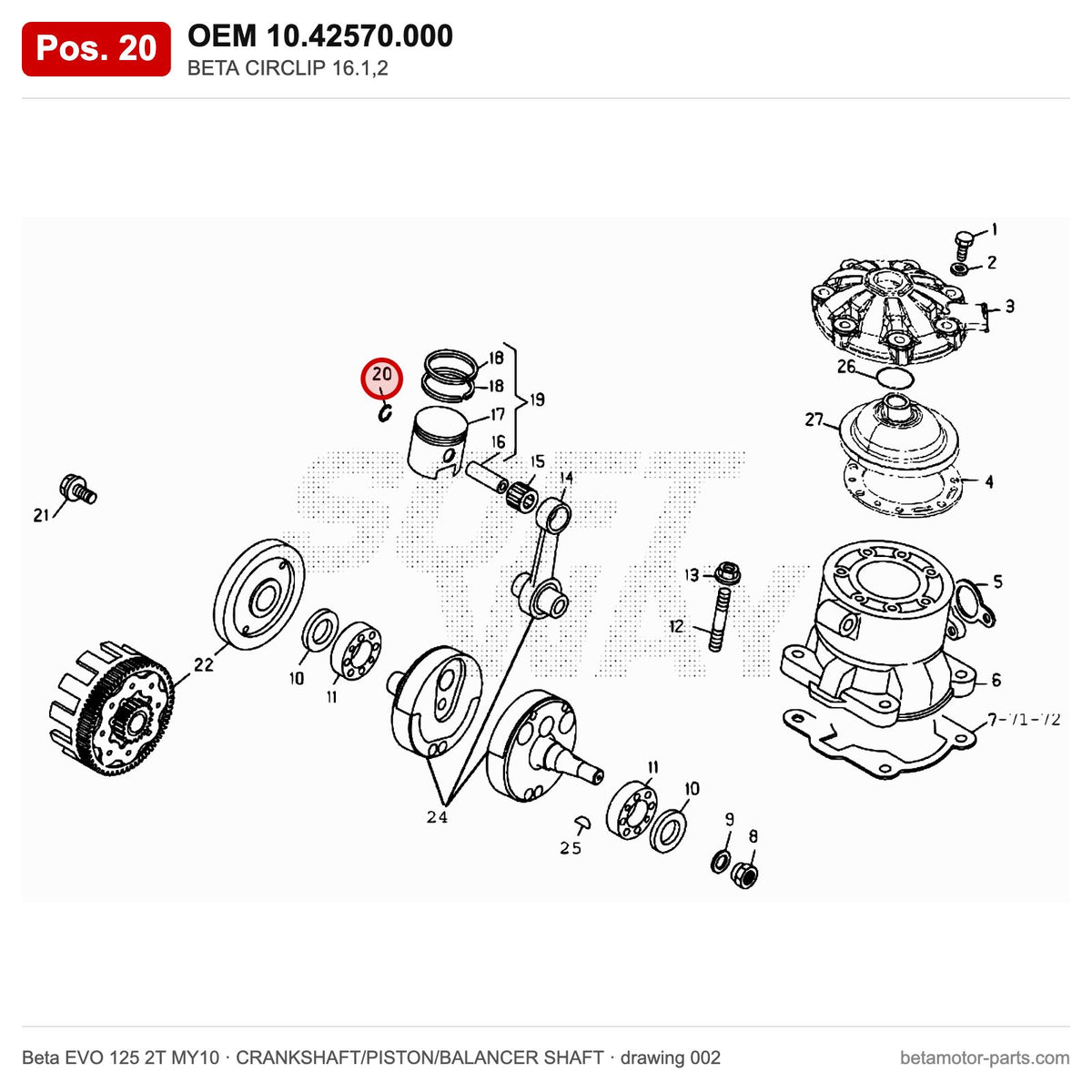 BETA CIRCLIP 16.1,2 – OEM 10.42570.000, position 20 on the Beta EVO 125 2T MY10 crankshaft/piston/balancer shaft drawing
