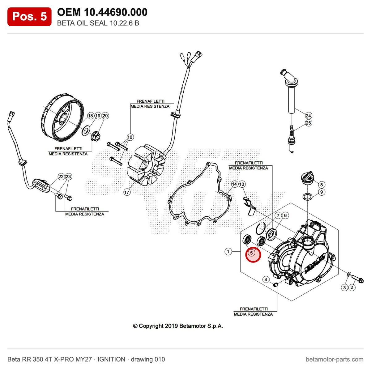 BETA OIL SEAL 10.22.6 B – OEM 10.44690.000, position 5 on the Beta RR 350 4T X-PRO MY27 ignition drawing