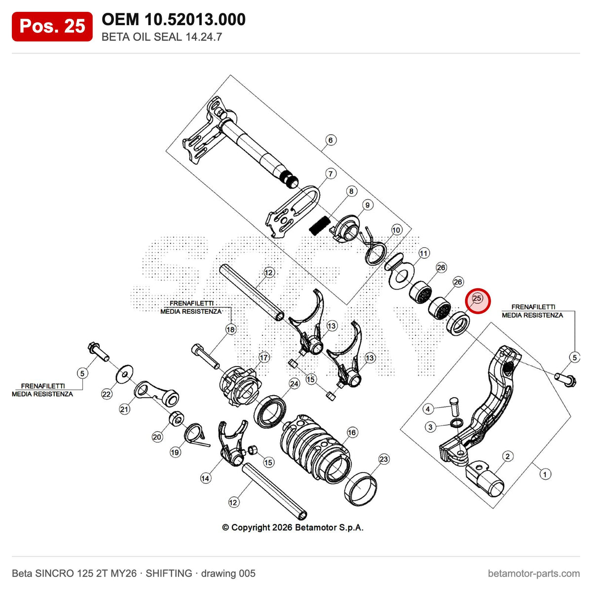 BETA OIL SEAL 14.24.7 – OEM 10.52013.000, position 25 on the Beta SINCRO 125 2T MY26 shifting drawing