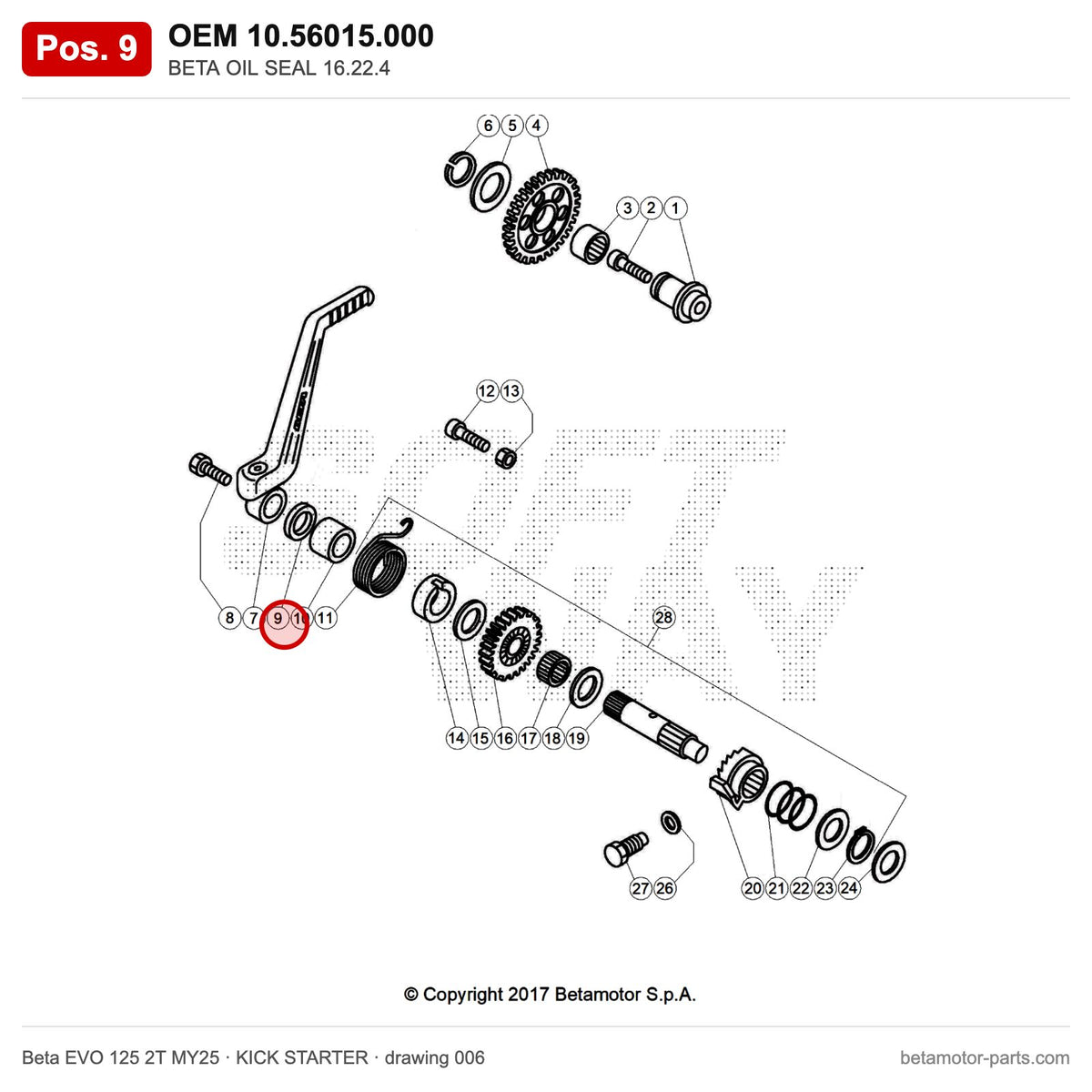 BETA OIL SEAL 16.22.4 – OEM 10.56015.000, position 9 on the Beta EVO 125 2T MY25 kick starter drawing