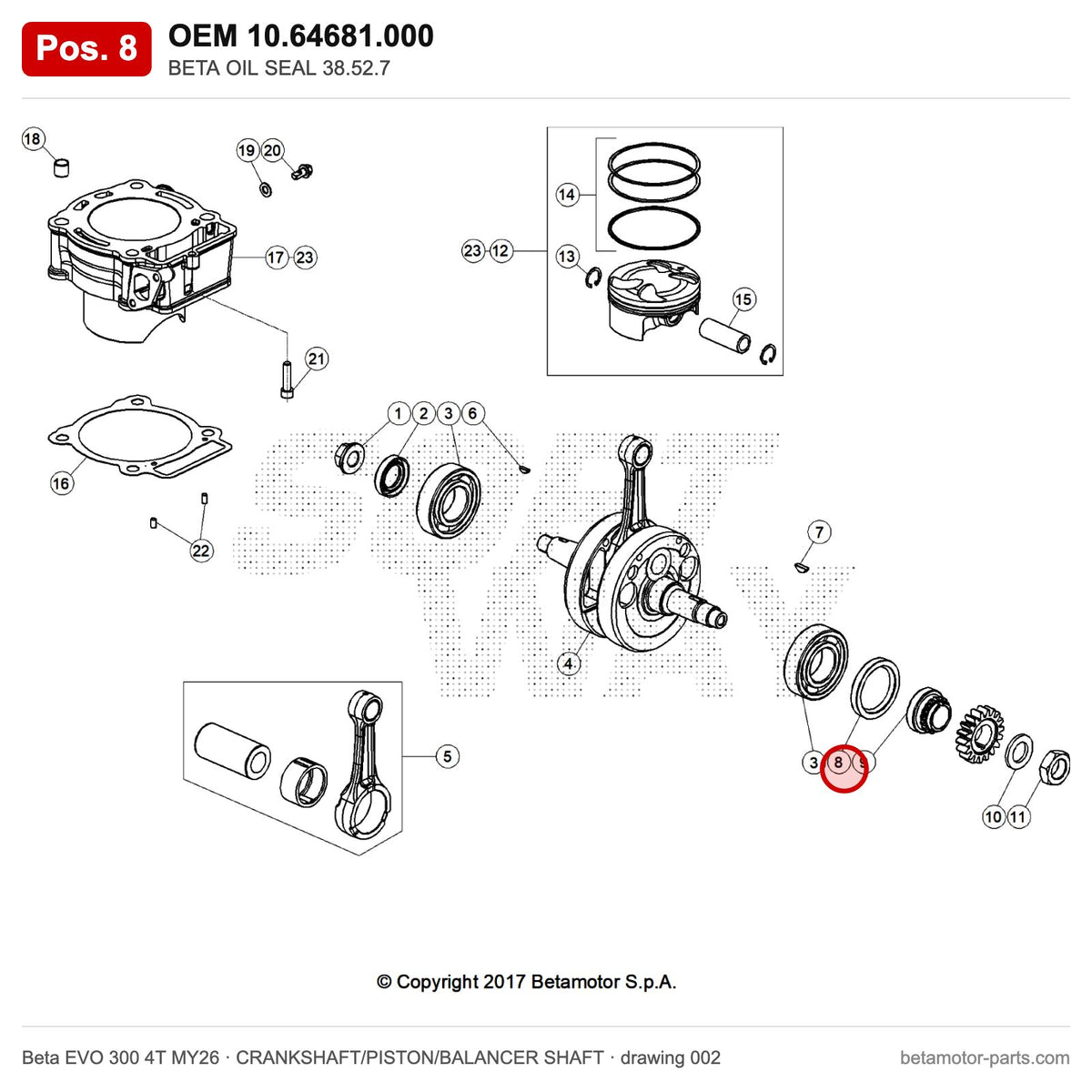 BETA OIL SEAL 38.52.7 – OEM 10.64681.000, position 8 on the Beta EVO 300 4T MY26 crankshaft/piston/balancer shaft drawing