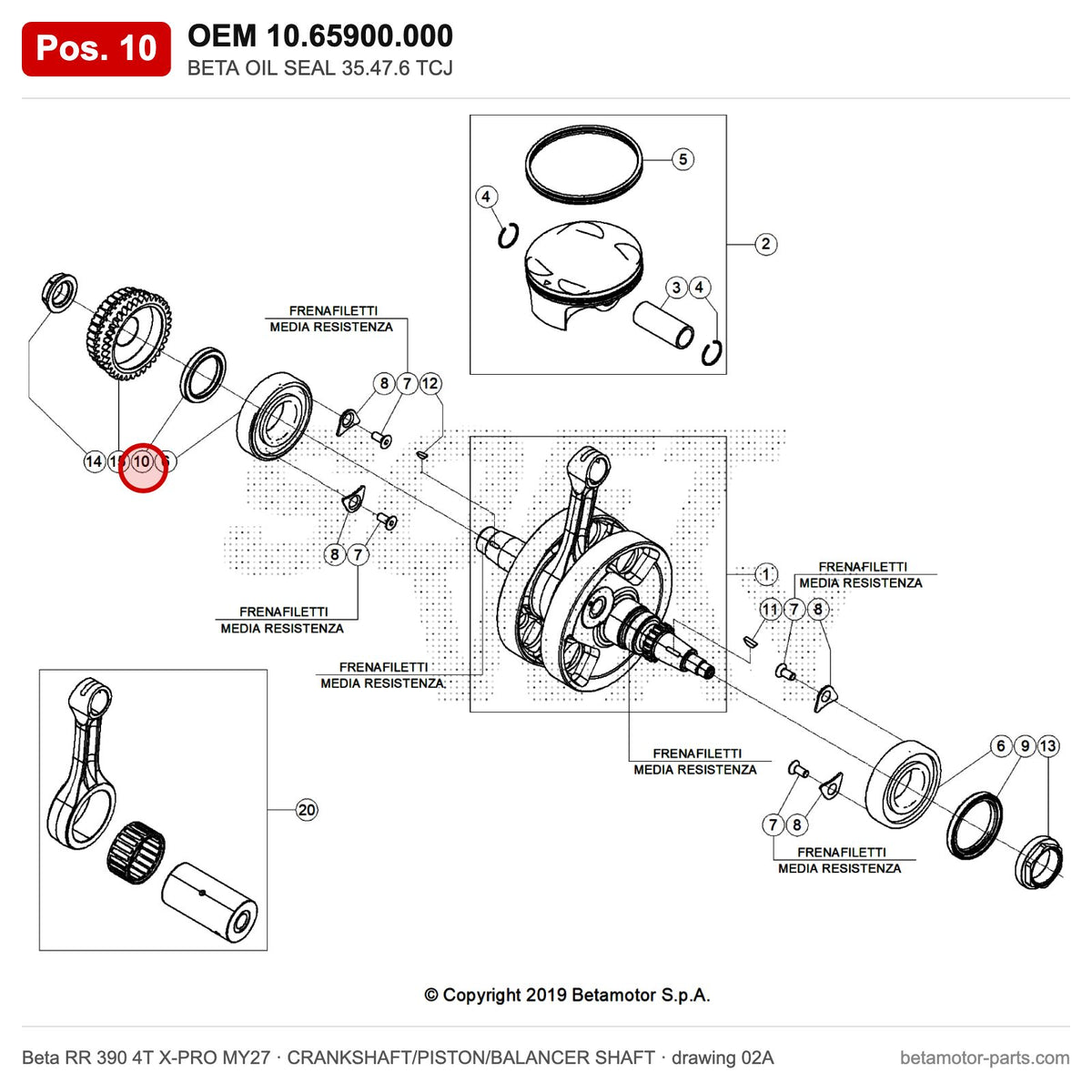 BETA OIL SEAL 35.47.6 TCJ – OEM 10.65900.000, position 10 on the Beta RR 390 4T X-PRO MY27 crankshaft/piston/balancer shaft drawing