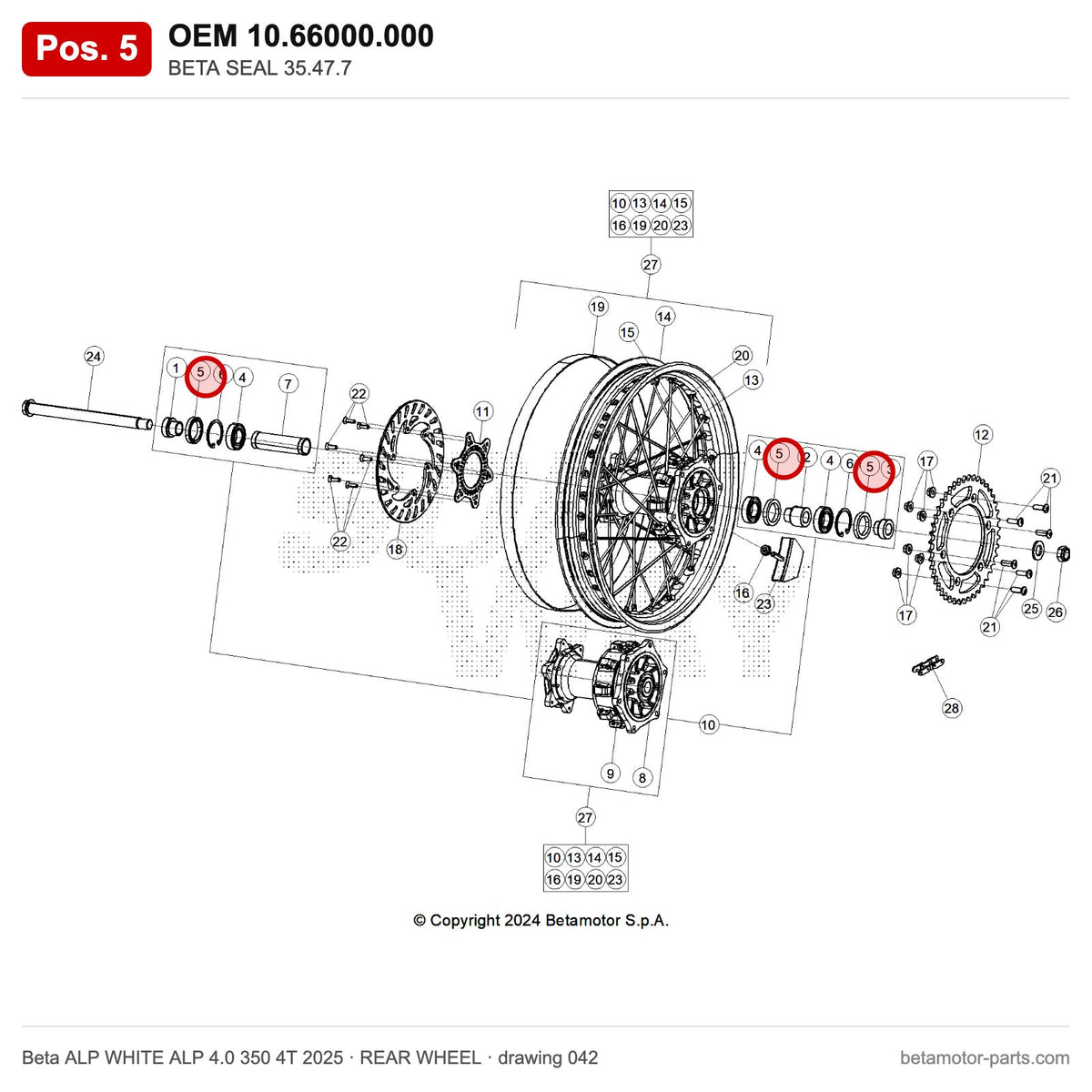 BETA SEAL 35.47.7 – OEM 10.66000.000, position 5 on the Beta ALP WHITE ALP 4.0 350 4T 2025 rear wheel drawing