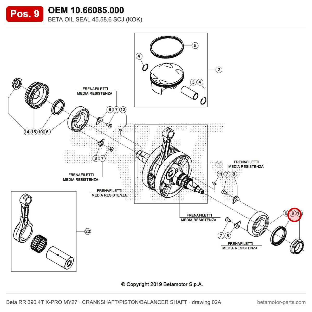 BETA OIL SEAL 45.58.6 SCJ (KOK) – OEM 10.66085.000, position 9 on the Beta RR 390 4T X-PRO MY27 crankshaft/piston/balancer shaft drawing
