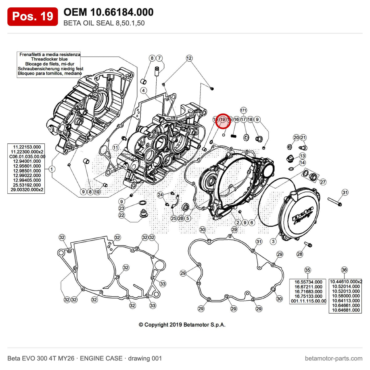 BETA OIL SEAL 8,50.1,50 – OEM 10.66184.000, position 19 on the Beta EVO 300 4T MY26 engine case drawing
