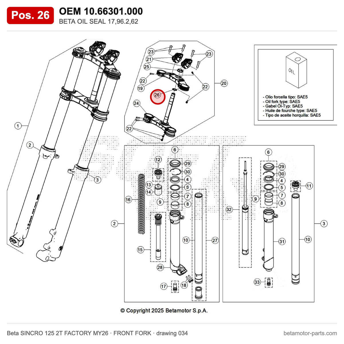 BETA OIL SEAL 17,96.2,62 – OEM 10.66301.000, position 26 on the Beta SINCRO 125 2T FACTORY MY26 front fork drawing