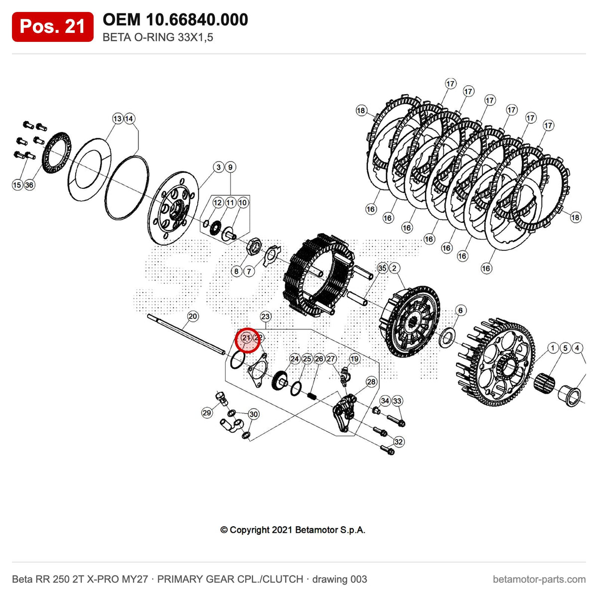 BETA O-RING 33X1,5 – OEM 10.66840.000, position 21 on the Beta RR 250 2T X-PRO MY27 primary gear cpl./clutch drawing