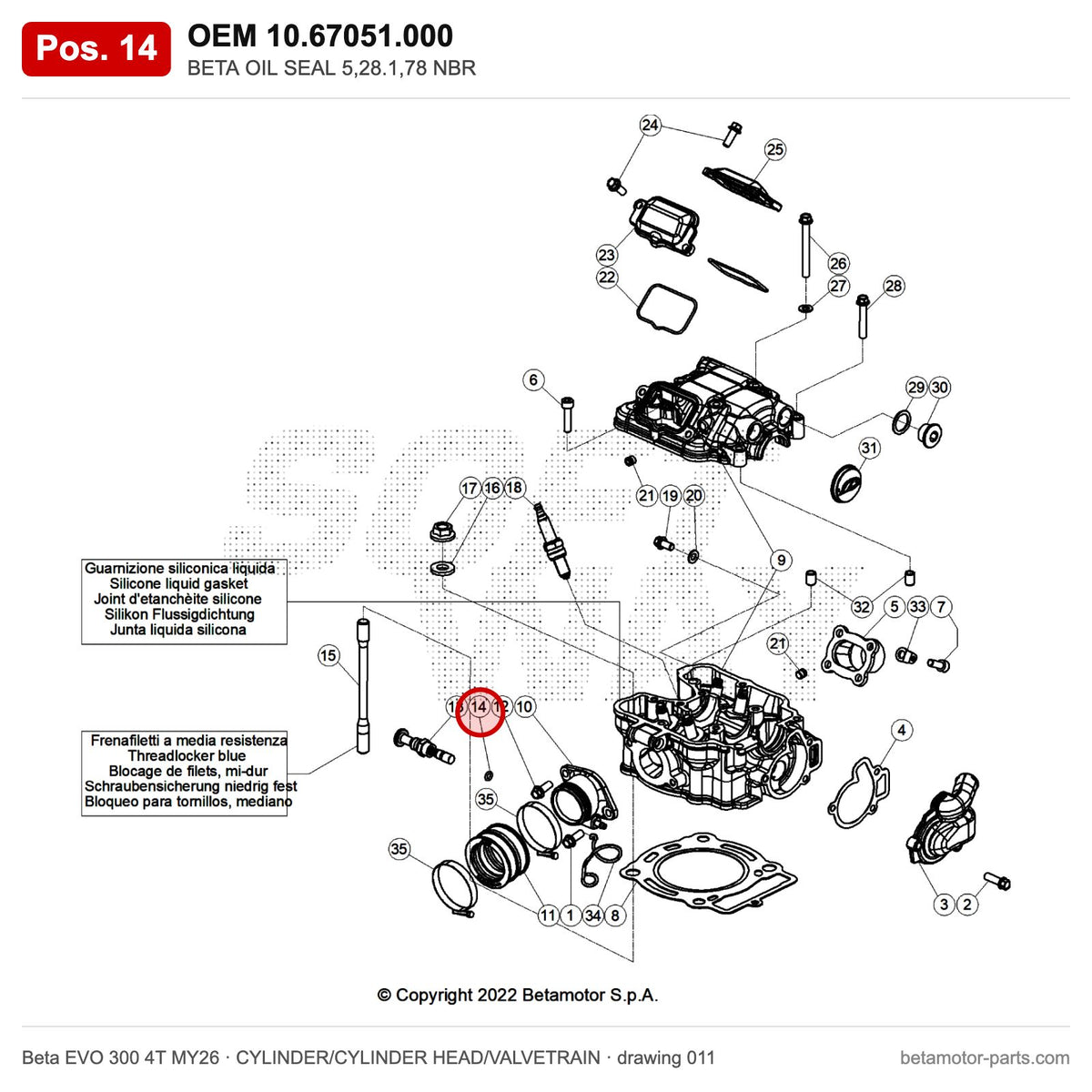 BETA OIL SEAL 5,28.1,78 NBR – OEM 10.67051.000, position 14 on the Beta EVO 300 4T MY26 cylinder/cylinder head/valvetrain drawing