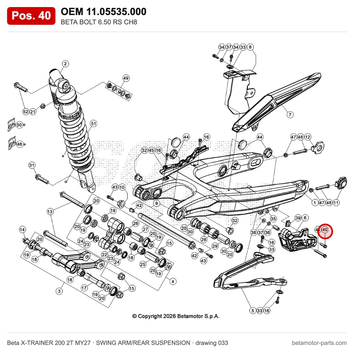 BETA BOLT 6.50 RS CH8 – OEM 11.05535.000, position 40 on the Beta X-TRAINER 200 2T MY27 swing arm/rear suspension drawing