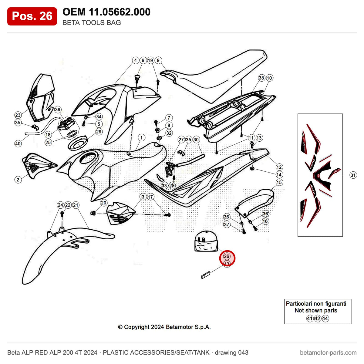 BETA TOOLS BAG – OEM 11.05662.000, position 26 on the Beta ALP RED ALP 200 4T 2024 plastic accessories/seat/tank drawing