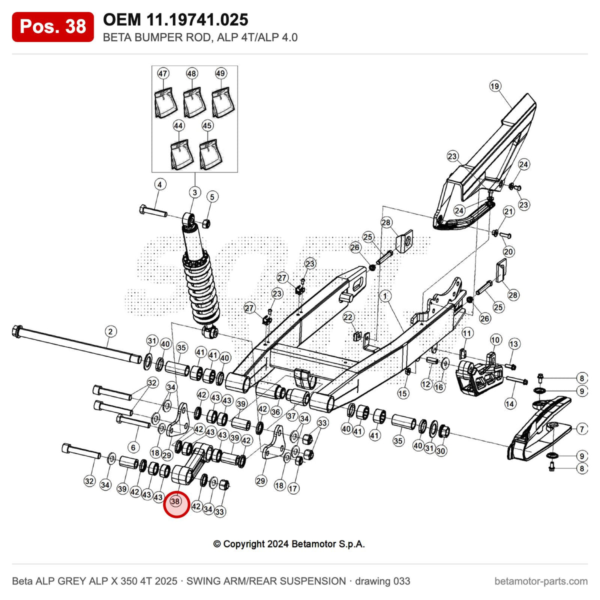 BETA BUMPER ROD, ALP 4T/ALP 4.0 – OEM 11.19741.025, position 38 on the Beta ALP GREY ALP X 350 4T 2025 swing arm/rear suspension drawing