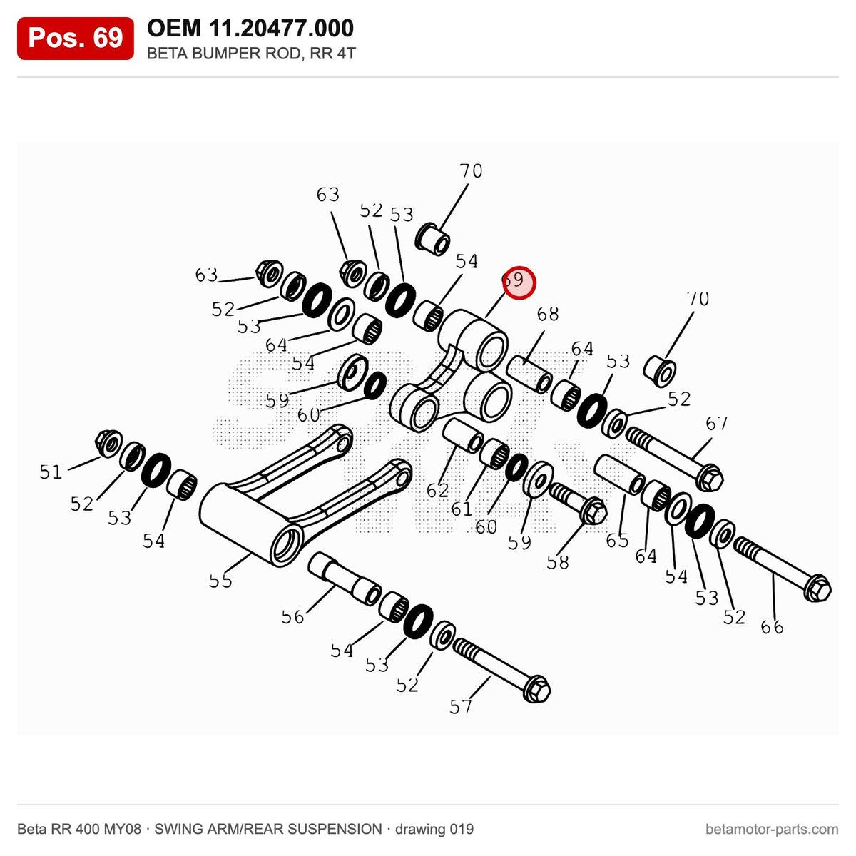 BETA BUMPER ROD, RR 4T – OEM 11.20477.000, position 69 on the Beta RR 400 MY08 swing arm/rear suspension drawing