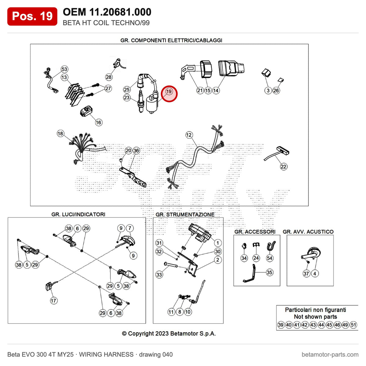 BETA HT COIL TECHNO/99 – OEM 11.20681.000, position 19 on the Beta EVO 300 4T MY25 wiring harness drawing