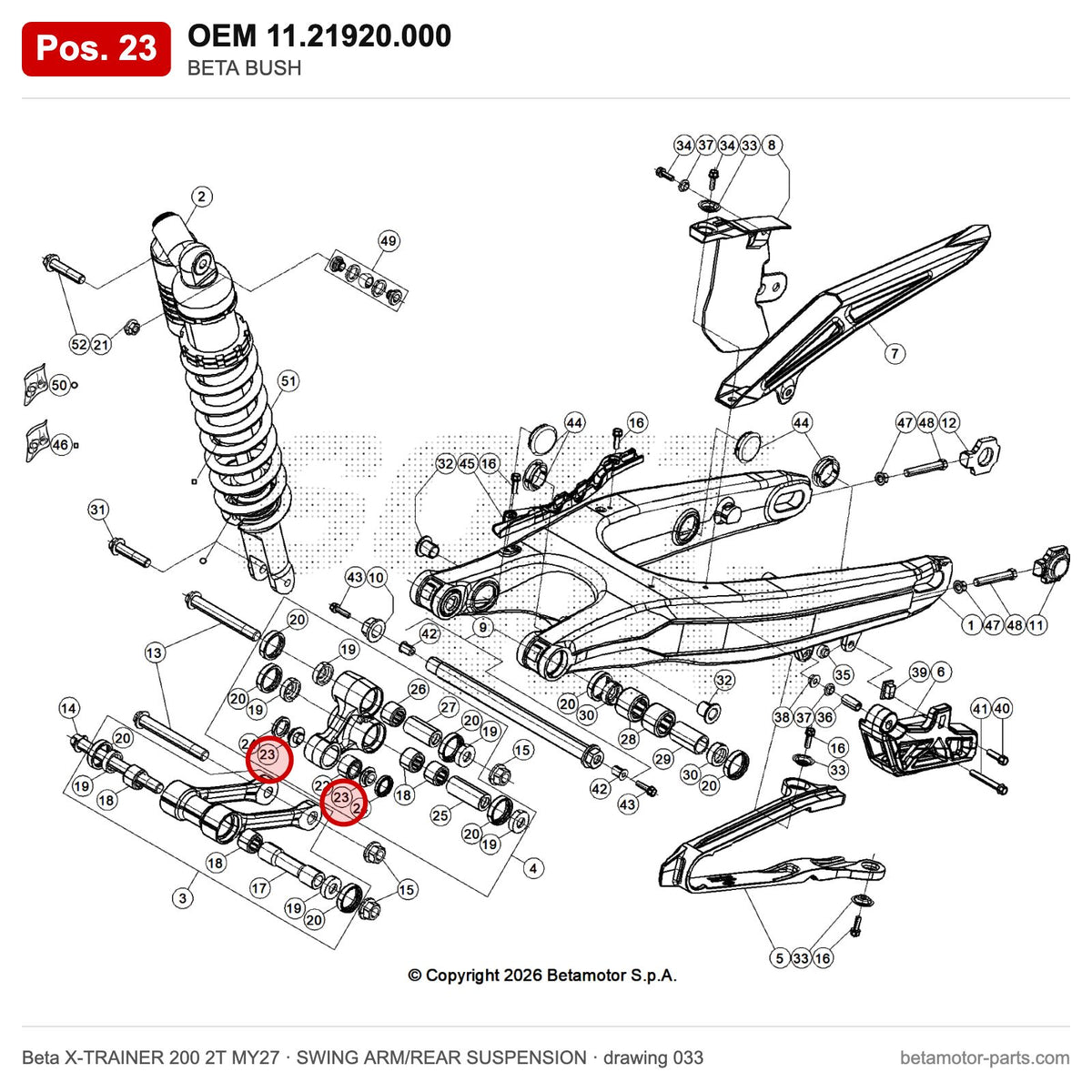 BETA BUSH – OEM 11.21920.000, position 23 on the Beta X-TRAINER 200 2T MY27 swing arm/rear suspension drawing