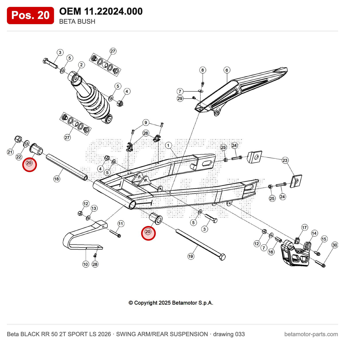 BETA BUSH – OEM 11.22024.000, position 20 on the Beta BLACK RR 50 2T SPORT LS 2026 swing arm/rear suspension drawing