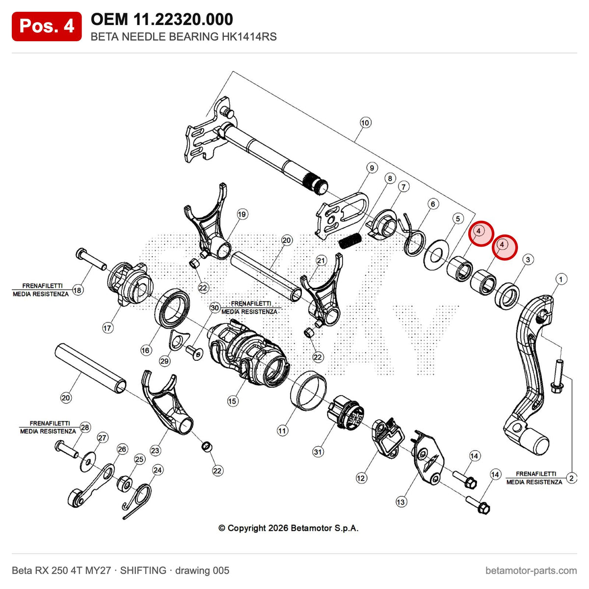 BETA NEEDLE BEARING HK1414RS – OEM 11.22320.000, position 4 on the Beta RX 250 4T MY27 shifting drawing