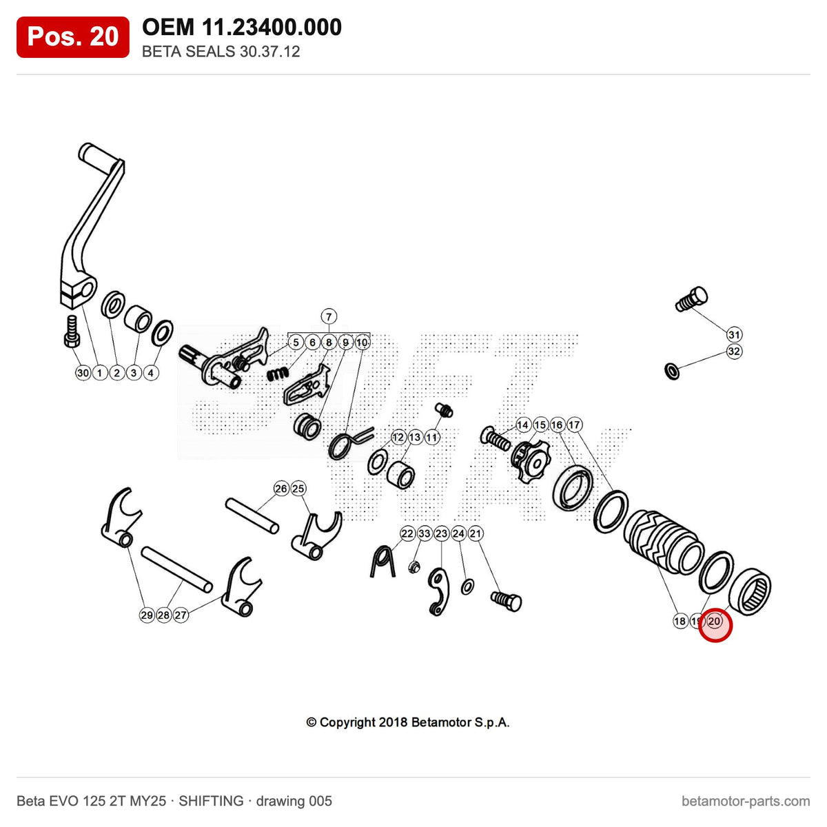 BETA SEALS 30.37.12 – OEM 11.23400.000, position 20 on the Beta EVO 125 2T MY25 shifting drawing
