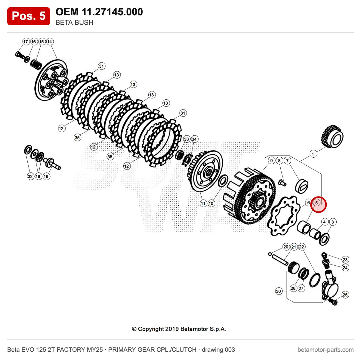 BETA BUSH – OEM 11.27145.000, position 5 on the Beta EVO 125 2T FACTORY MY25 primary gear cpl./clutch drawing