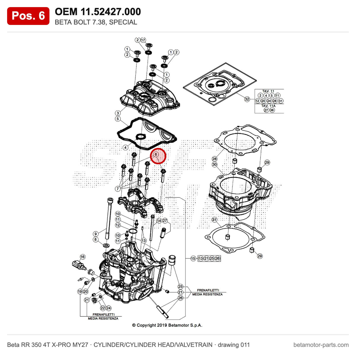 BETA BOLT 7.38, SPECIAL – OEM 11.52427.000, position 6 on the Beta RR 350 4T X-PRO MY27 cylinder/cylinder head/valvetrain drawing