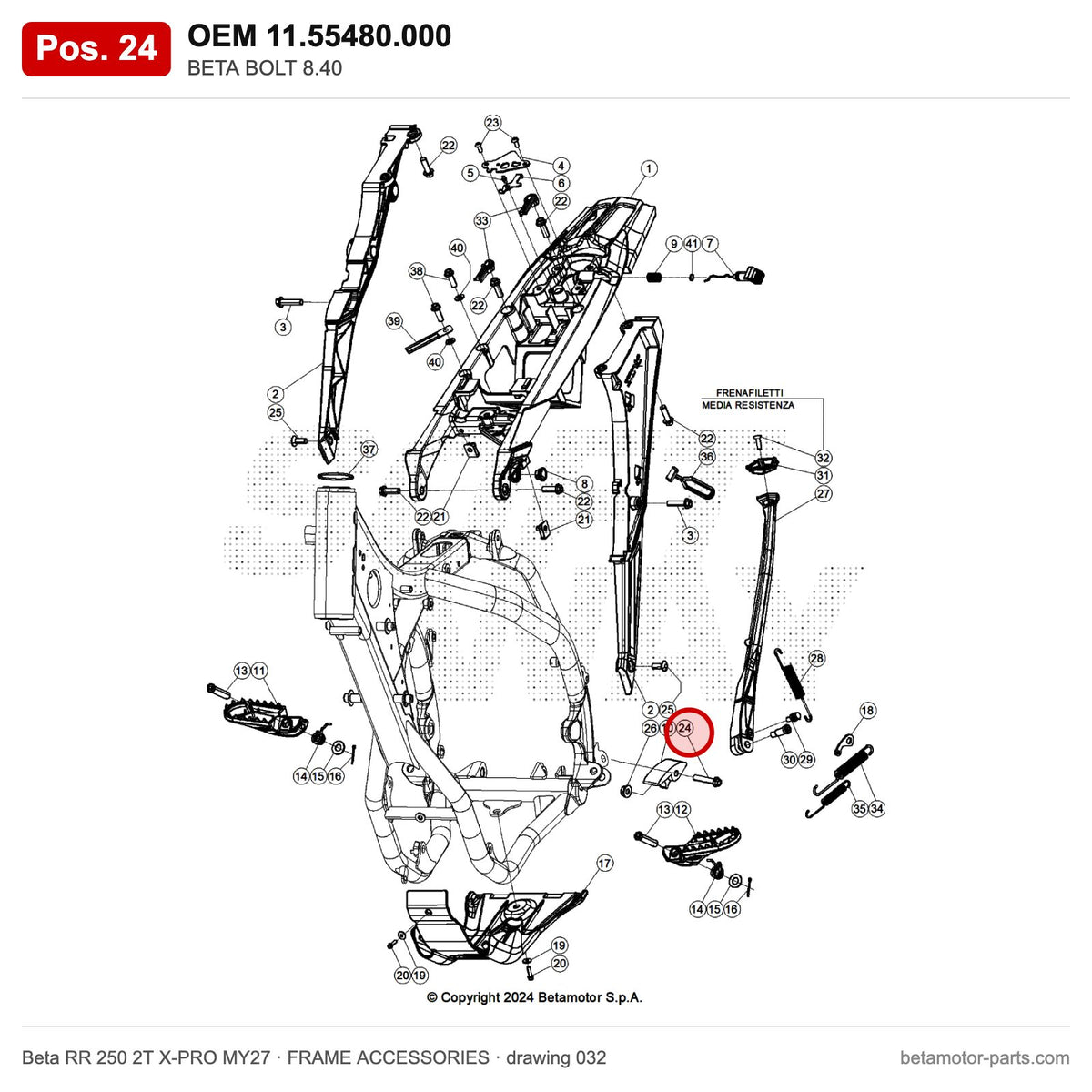 BETA BOLT 8.40 – OEM 11.55480.000, position 24 on the Beta RR 250 2T X-PRO MY27 frame accessories drawing