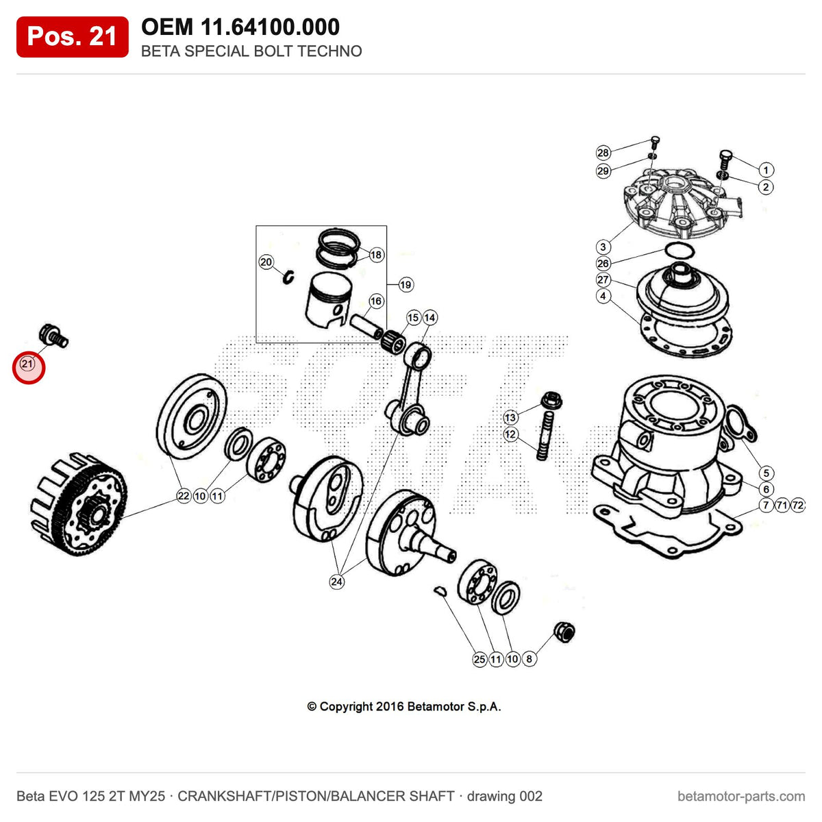 BETA SPECIAL BOLT TECHNO – OEM 11.64100.000, position 21 on the Beta EVO 125 2T MY25 crankshaft/piston/balancer shaft drawing