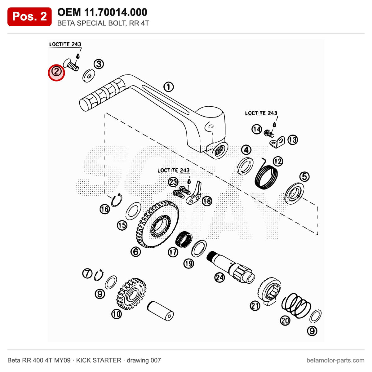 BETA SPECIAL BOLT, RR 4T – OEM 11.70014.000, position 2 on the Beta RR 400 4T MY09 kick starter drawing