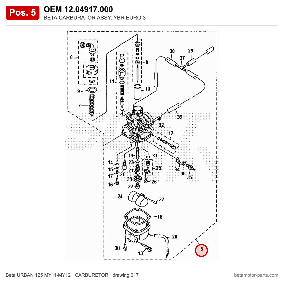 BETA CARBURATOR ASSY, YBR EURO 3 – OEM 12.04917.000, position 5 on the Beta URBAN 125 MY11-MY12 carburetor drawing