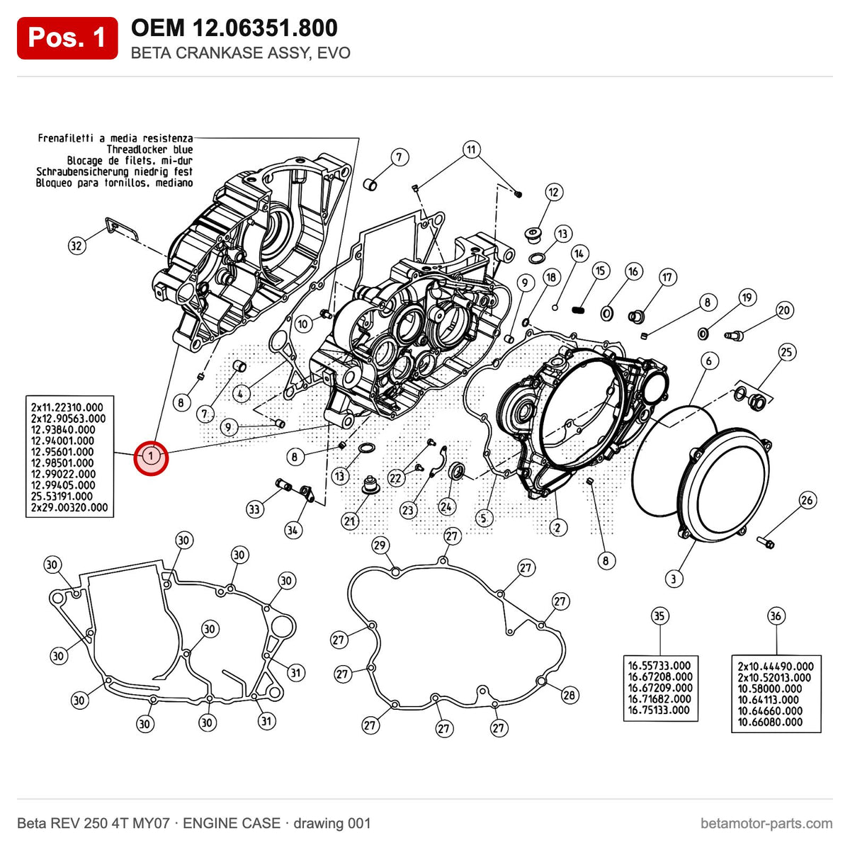 BETA CRANKASE ASSY, EVO – OEM 12.06351.800, position 1 on the Beta REV 250 4T MY07 engine case drawing