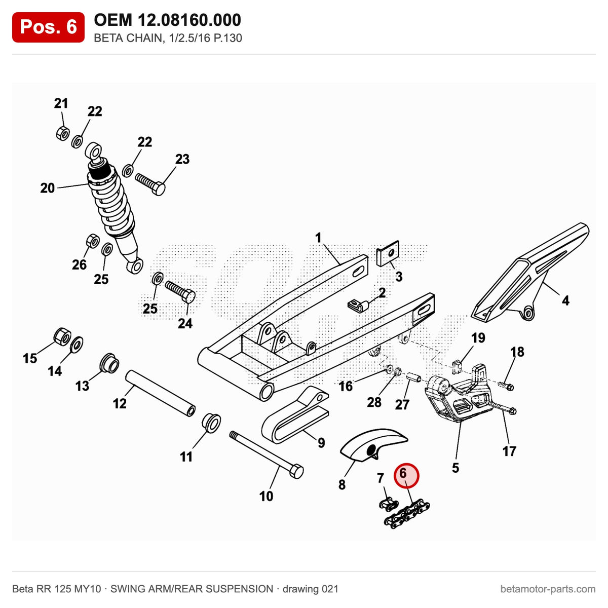 BETA CHAIN, 1/2.5/16 P.130 – OEM 12.08160.000, position 6 on the Beta RR 125 MY10 swing arm/rear suspension drawing