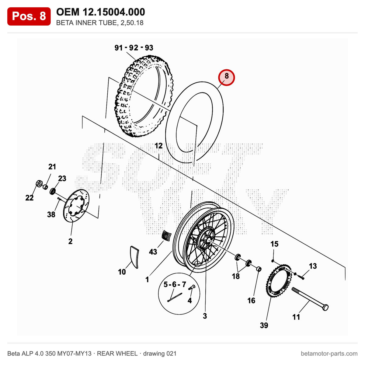 BETA INNER TUBE, 2,50.18 – OEM 12.15004.000, position 8 on the Beta ALP 4.0 350 MY07-MY13 rear wheel drawing